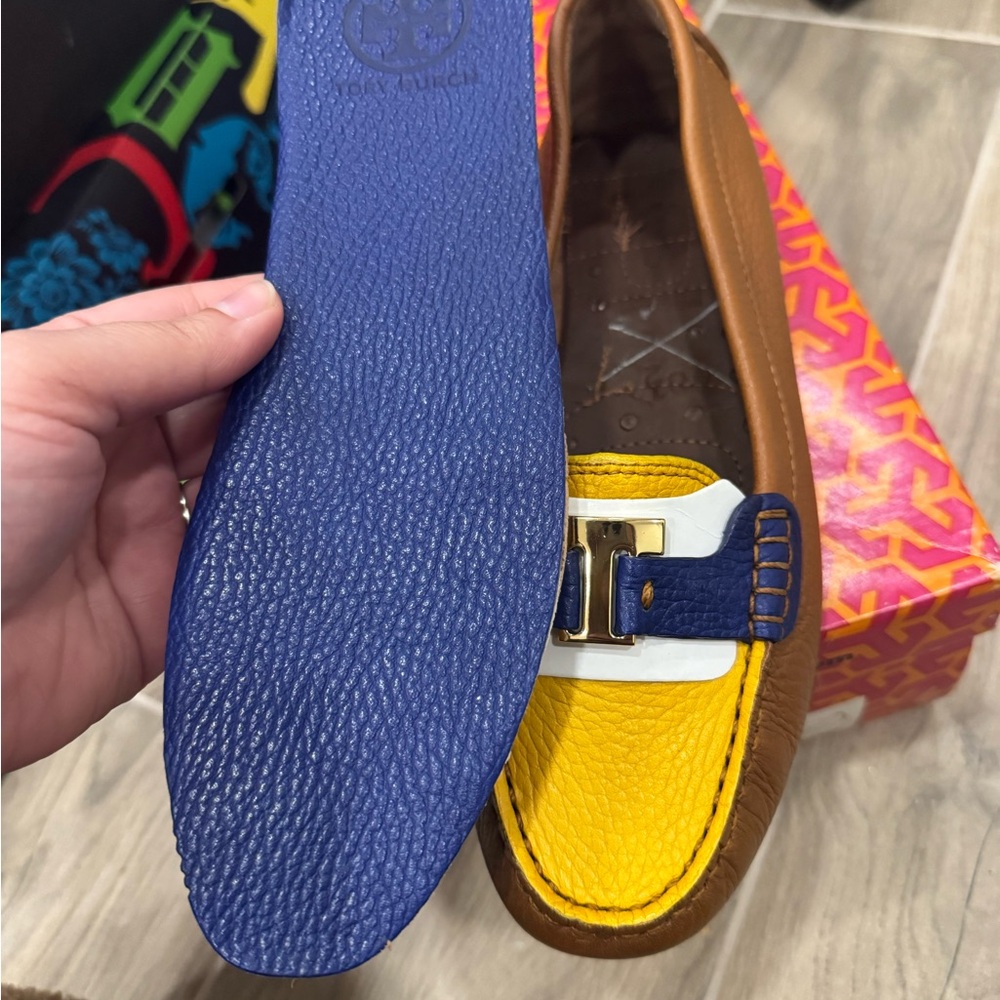 Tory Burch Yellow and Brown Loafers with Blue Accent - Picture 6 of 6